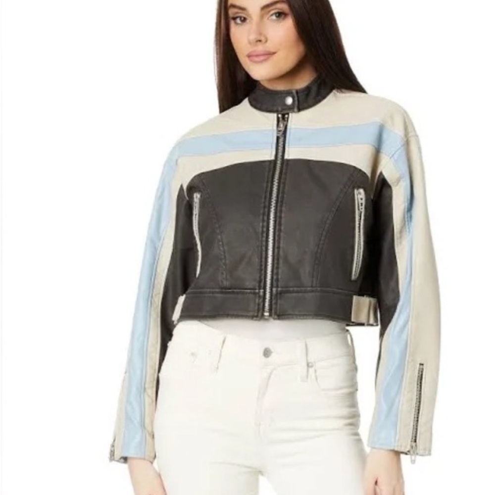 Women's Black and Blue Leather Jacket